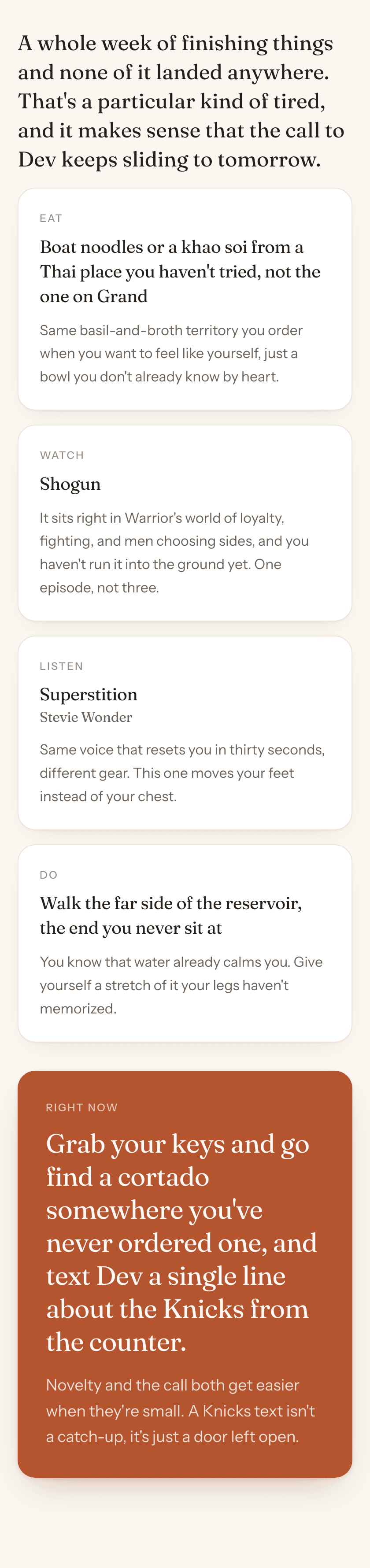A generated reset plan: what to eat, what to watch, what to listen to, something to do, and one thing to do right now.